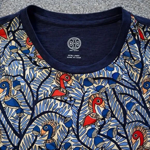 Tory Burch Silk Front Linen Top Bird Print Short Sleeve Blue Graphic Blouse L - Picture 2 of 8